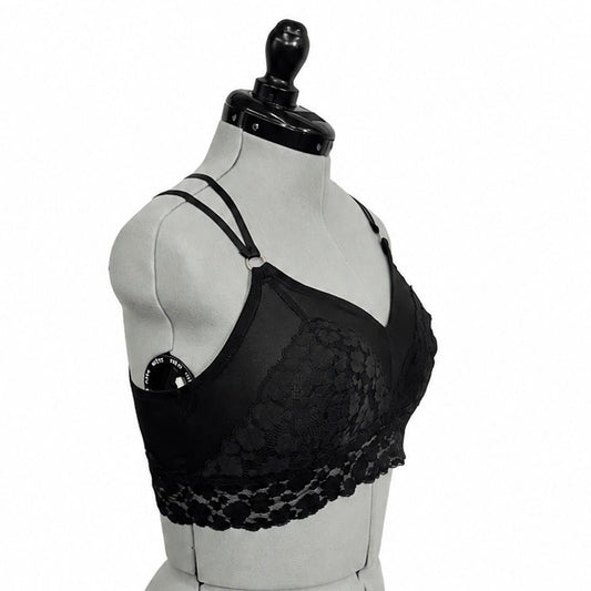 Aerie Black & Gold Longline Strappy Floral Lace Bralette (XL)