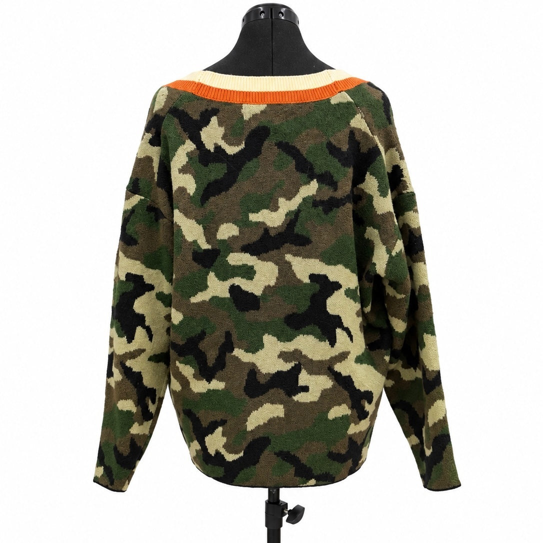 KBB by Kahlana Olive Camo V Neck Button 'The Slouchy Cardigan' (M)