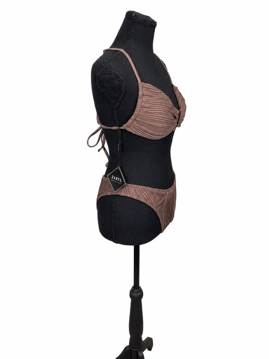 Zaful Coffee Textured U Metal Criss Cross High Waisted Bikini Set (M)