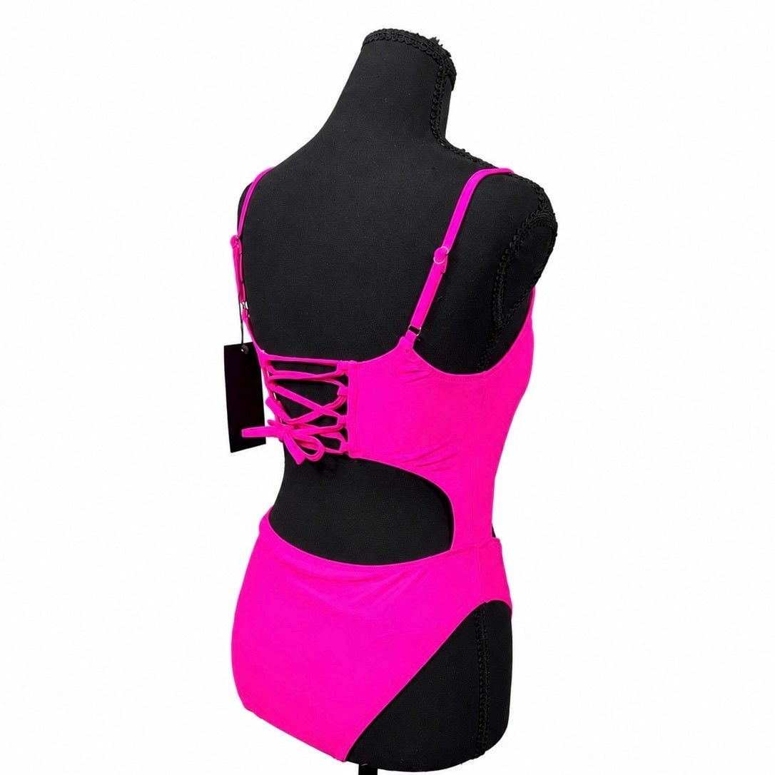 Meyeeka Hot Pink Scoop Neck Cut Out Lace Up Back High Cut One Piece Swimsuit (M)
