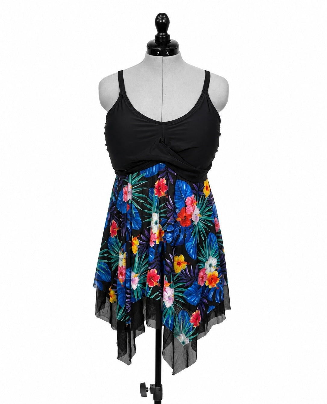 Kate Kasin Black and Floral Swim Dress and Shorts (XL)