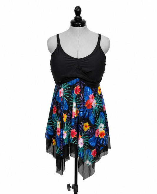 Kate Kasin Black and Floral Swim Dress and Shorts (XL)