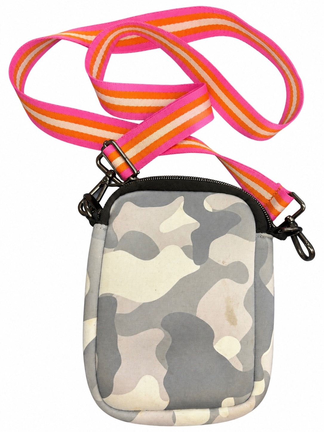 Parker & Hyde Gray Camo, Pink & Orange Stripe Neoprene Cellphone Crossbody Bag