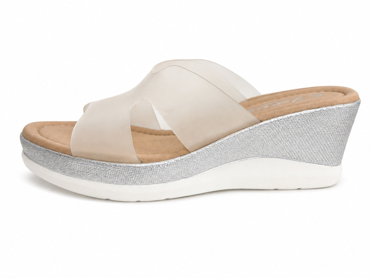 Jeossy Milan Nude & Clear Wedge Sandals (Size 8.5)