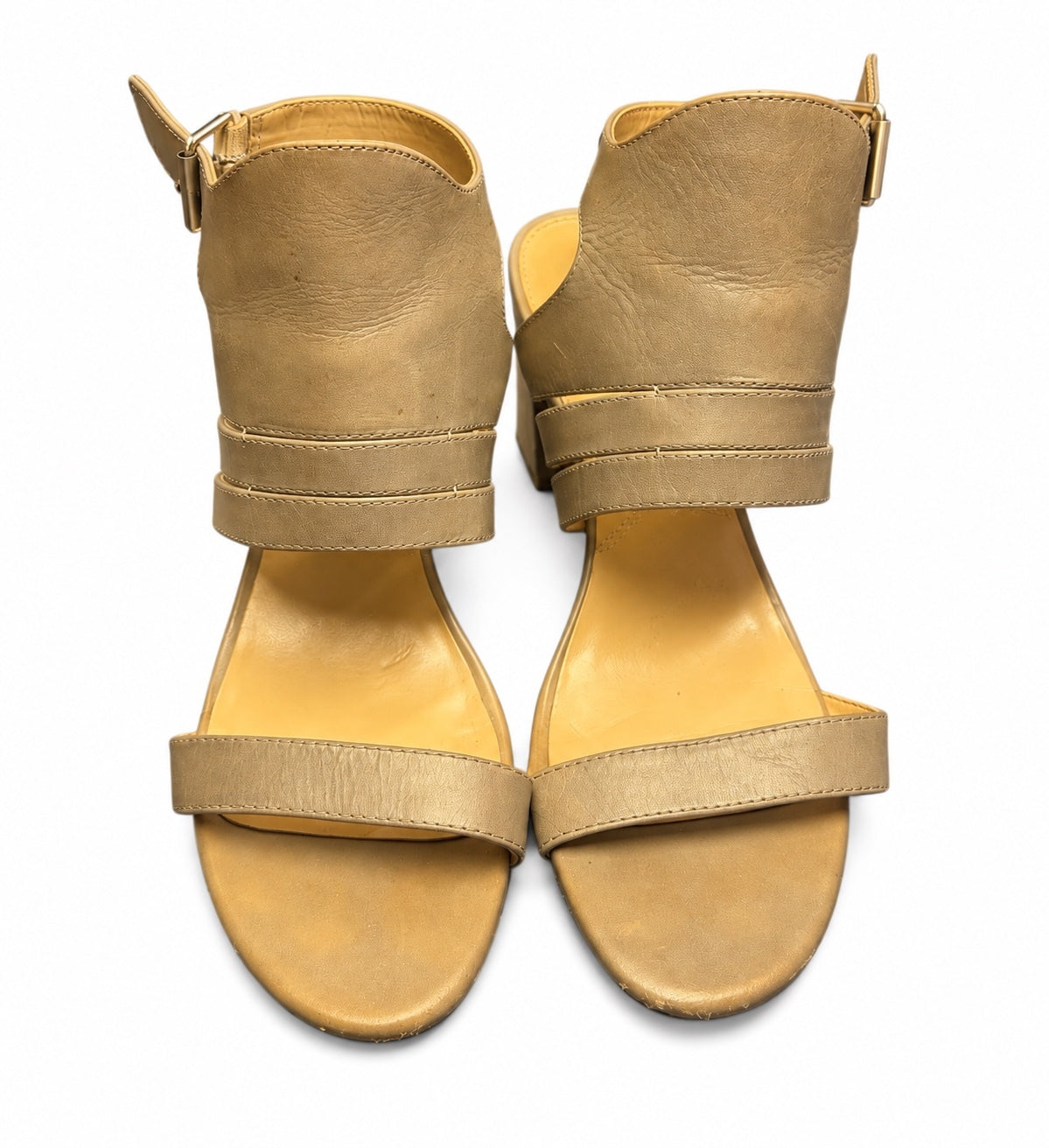 Adrienne Vittadini Taupe Leather Block-Heel Sandals (W 8 1/2)