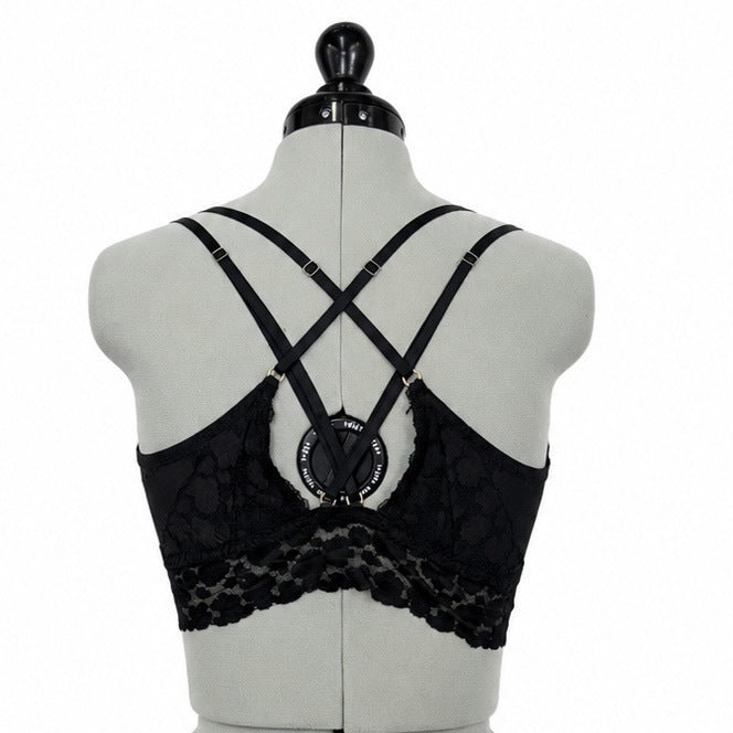 Aerie Black & Gold Longline Strappy Floral Lace Bralette (XL)