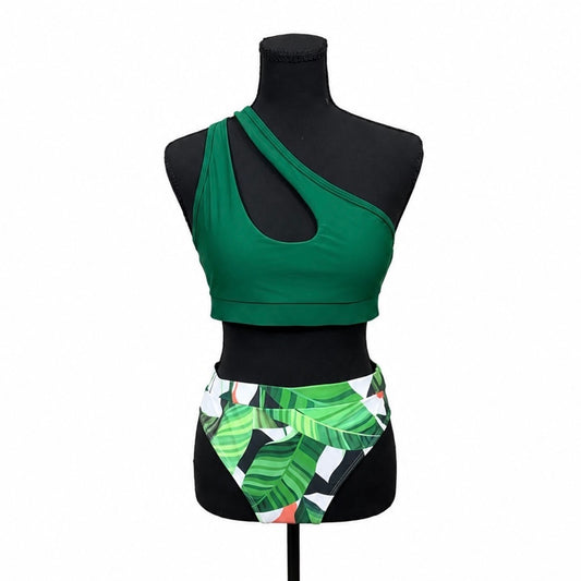 Green and Leaves One-Shoulder Bikini Set (M)