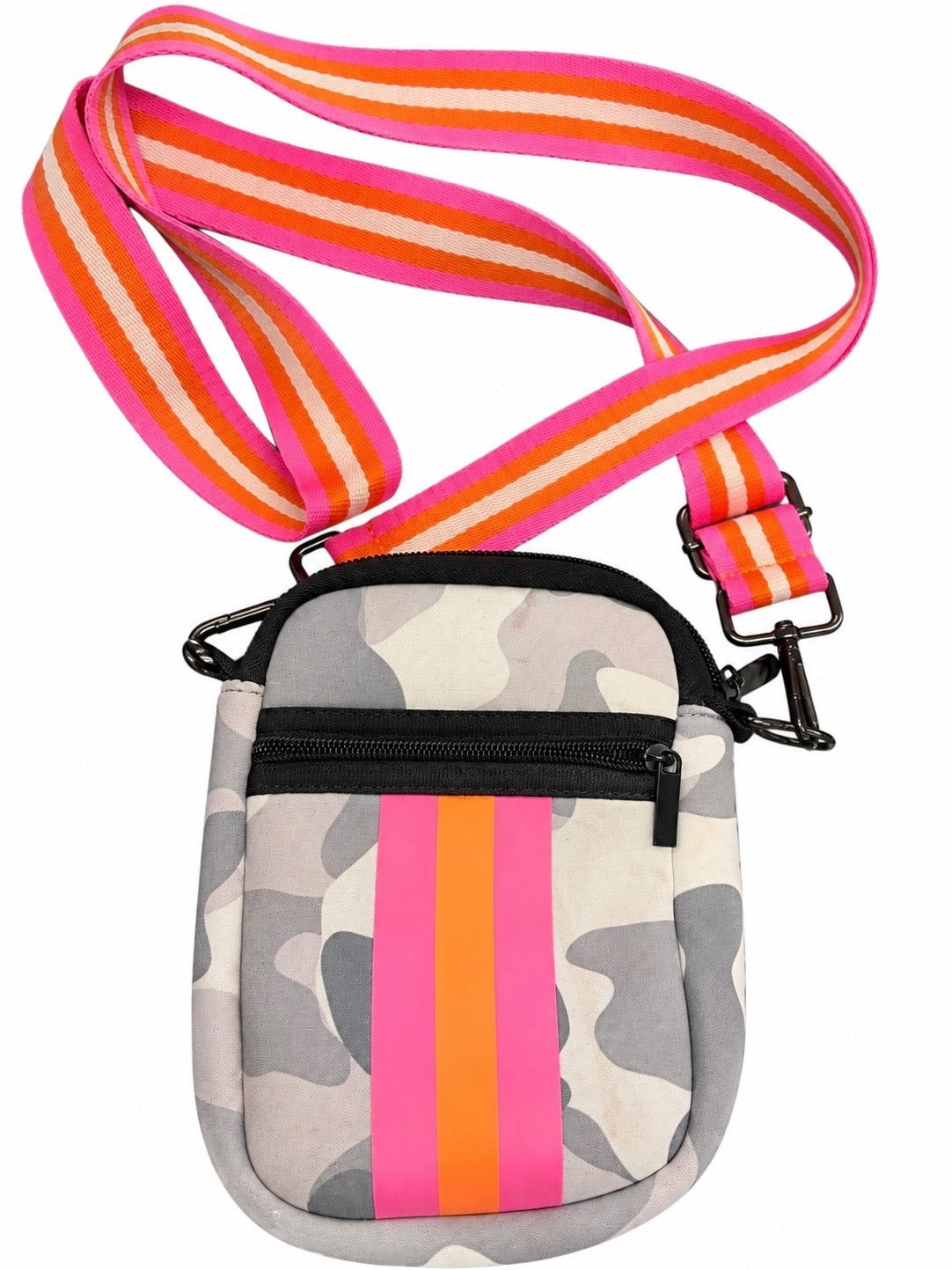 Parker & Hyde Gray Camo, Pink & Orange Stripe Neoprene Cellphone Crossbody Bag
