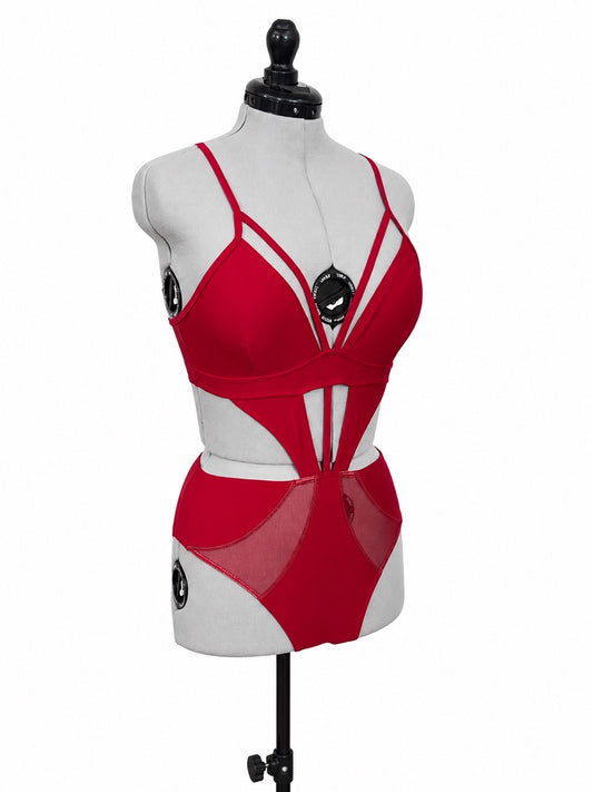Dark Red Deep V Plunge w/ Diamond Midriff Cutout One Piece Swimsuit (L)