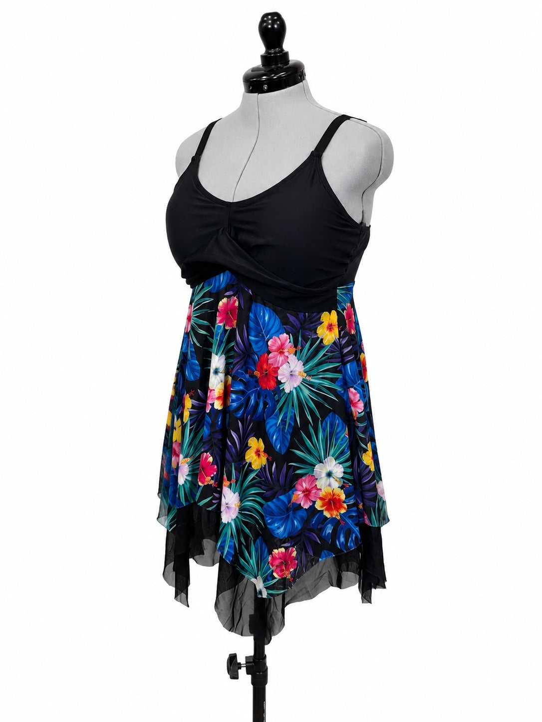 Kate Kasin Black and Floral Swim Dress and Shorts (XL)
