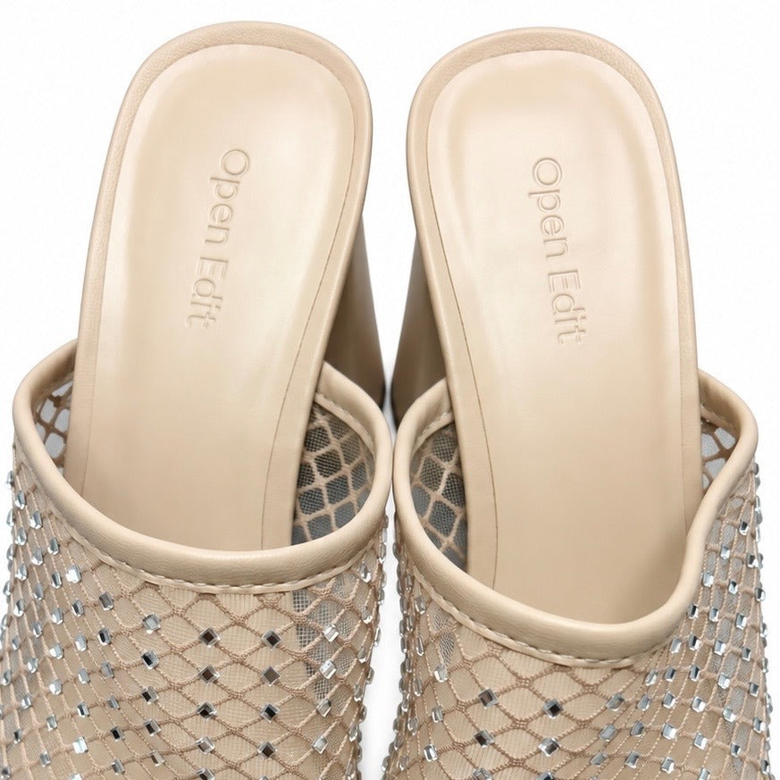 Open Edit Sienna Beige Sparkly Rhinestone Open Toed Block Heel Sandal (W 8.5)