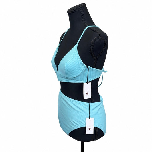 Shade & Shore Blue Ribbed Bikini Set (34B Top) (M High Waist Bottom)