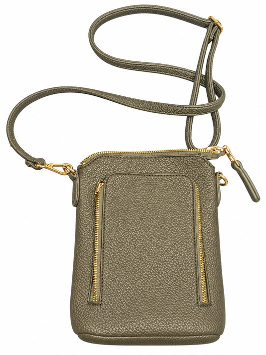Gray-Olive Pebbled Leather Crossbody Bag