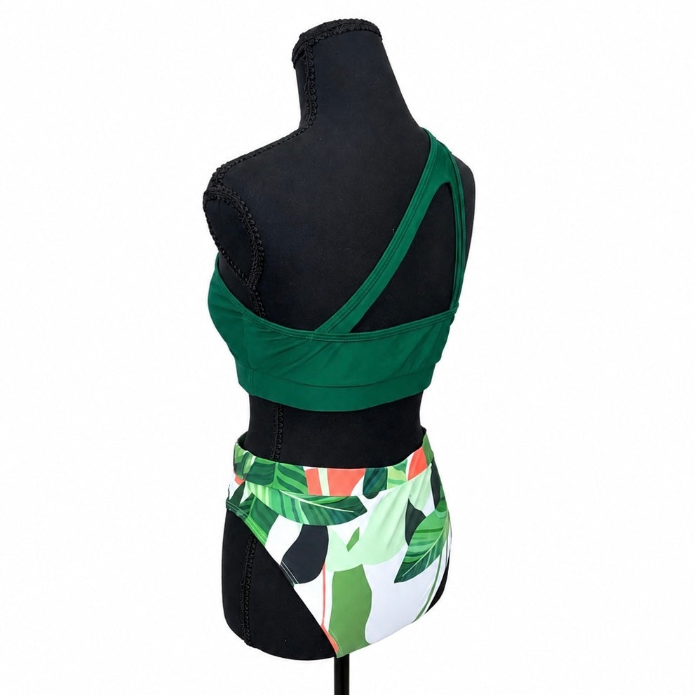 Green and Leaves One-Shoulder Bikini Set (M)