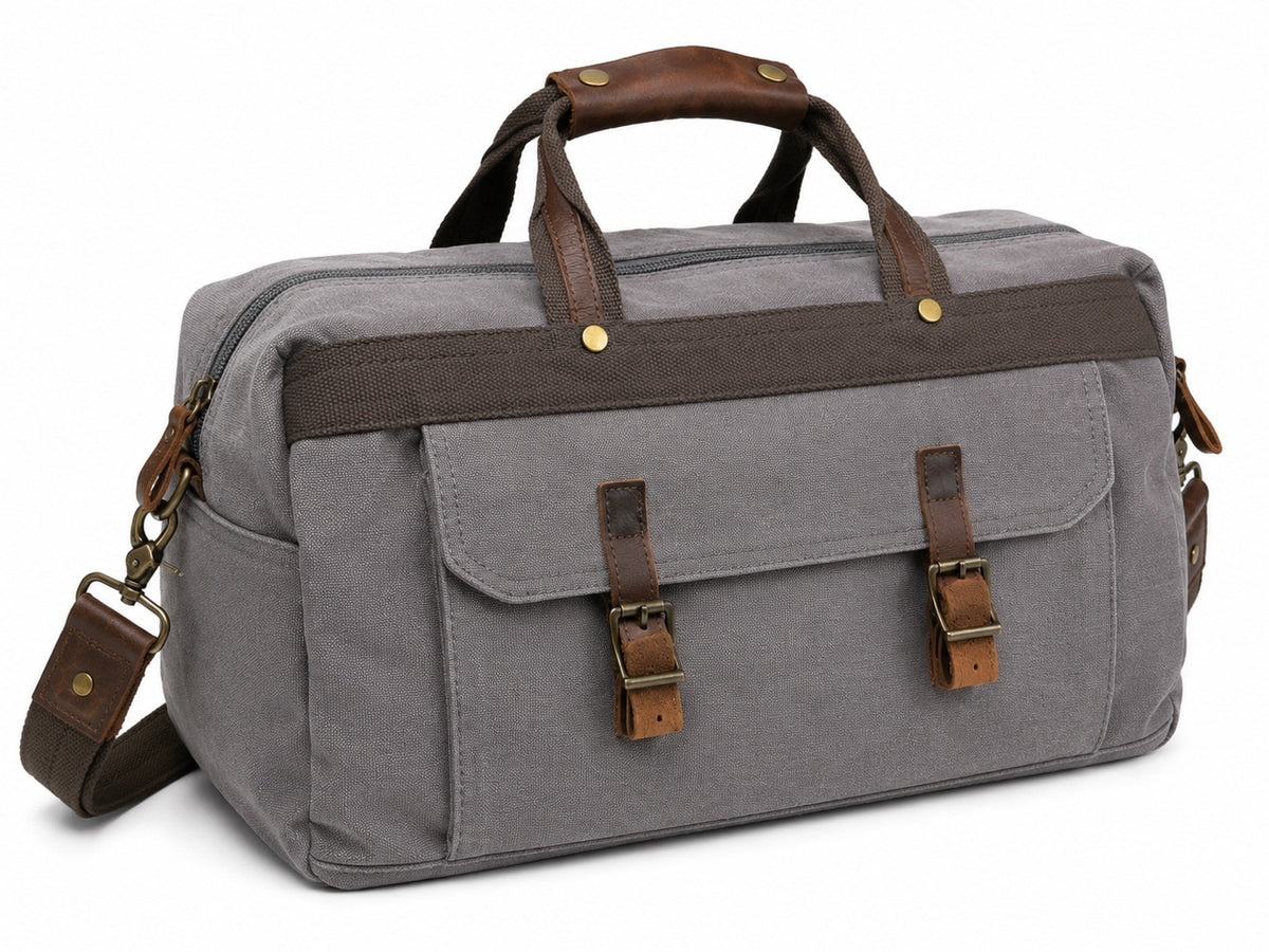 S-Zone Oversized Leather Canvas Duffle/Weekend Bag  (Gray & Brown)
