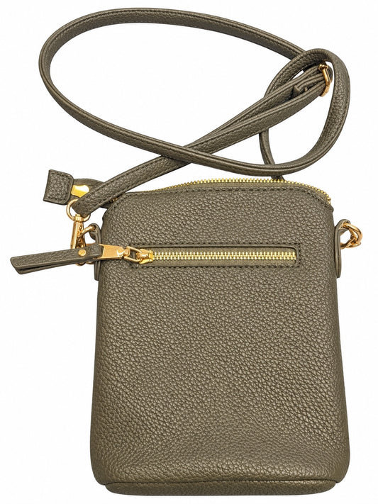 Gray-Olive Pebbled Leather Crossbody Bag