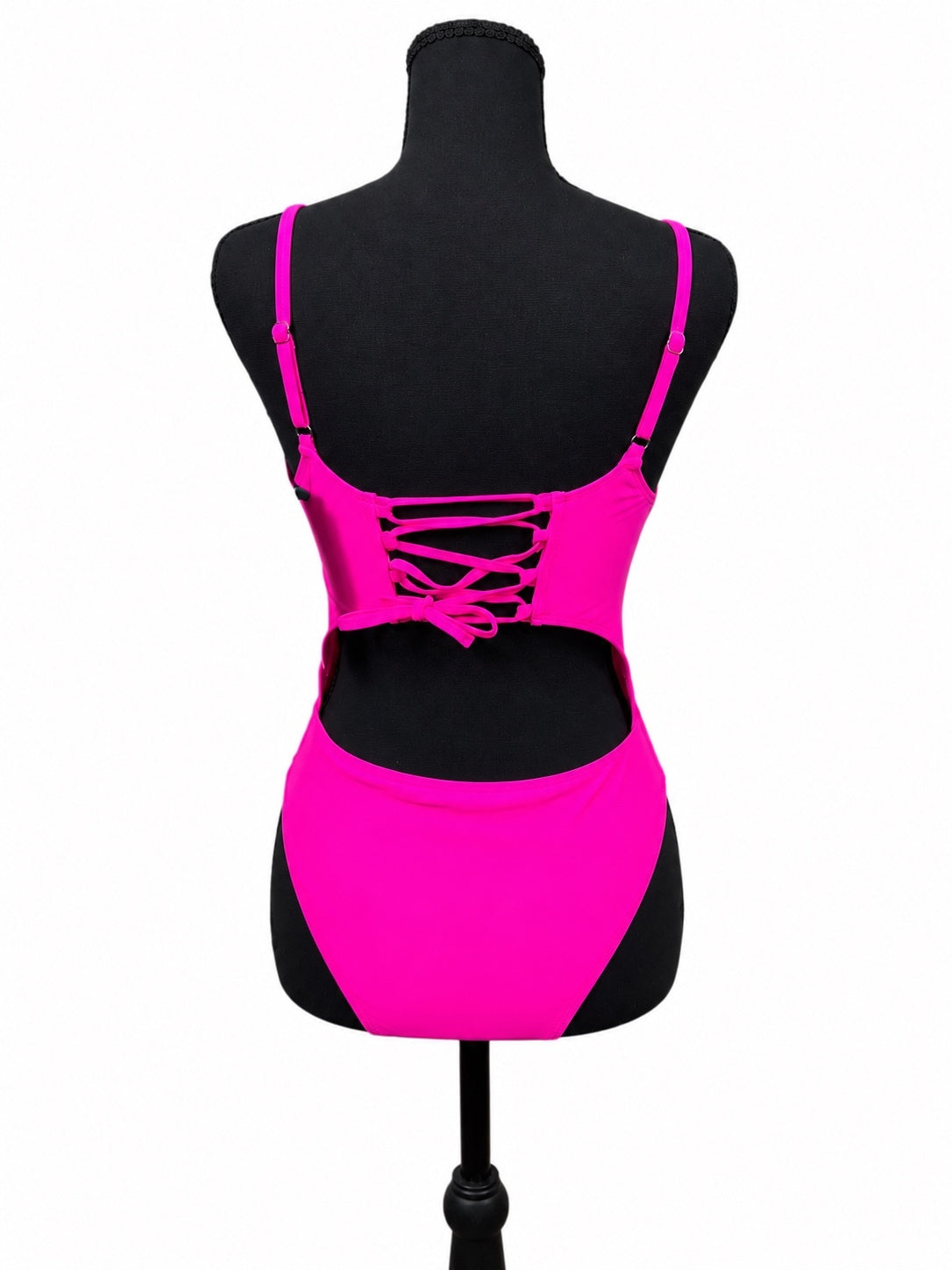 Meyeeka Hot Pink Scoop Neck Cut Out Lace Up Back High Cut One Piece Swimsuit (M)