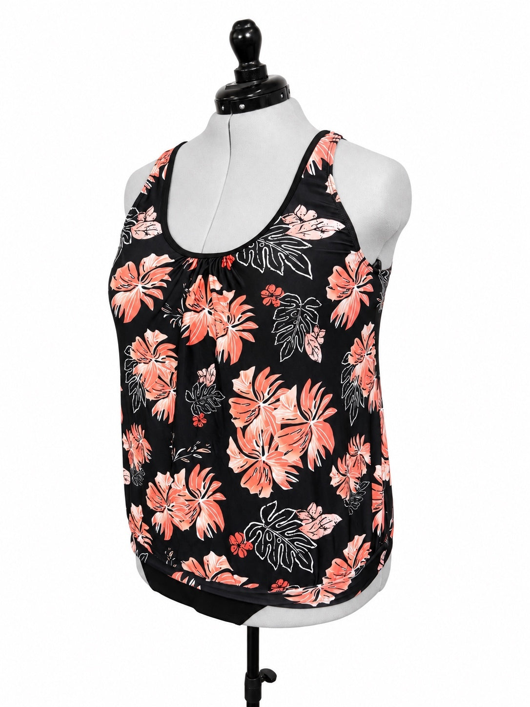 Yonique Black and Coral Floral Tankini Set (18W)