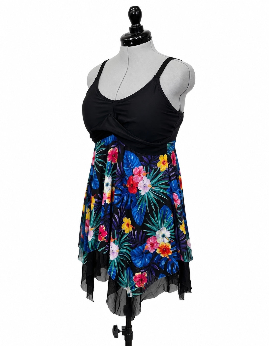 Kate Kasin Black and Floral Swim Dress and Shorts (XL)