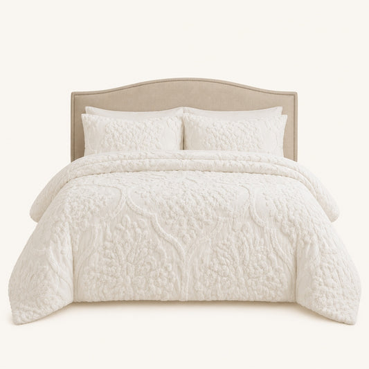 Madison PARK Tufted Chenille White Cotton Damask 3 Piece Duvet & Sham Cover Set