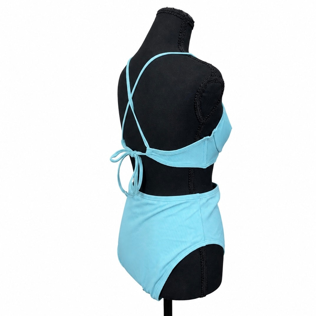 Shade & Shore Blue Ribbed Bikini Set (34B Top) (M High Waist Bottom)