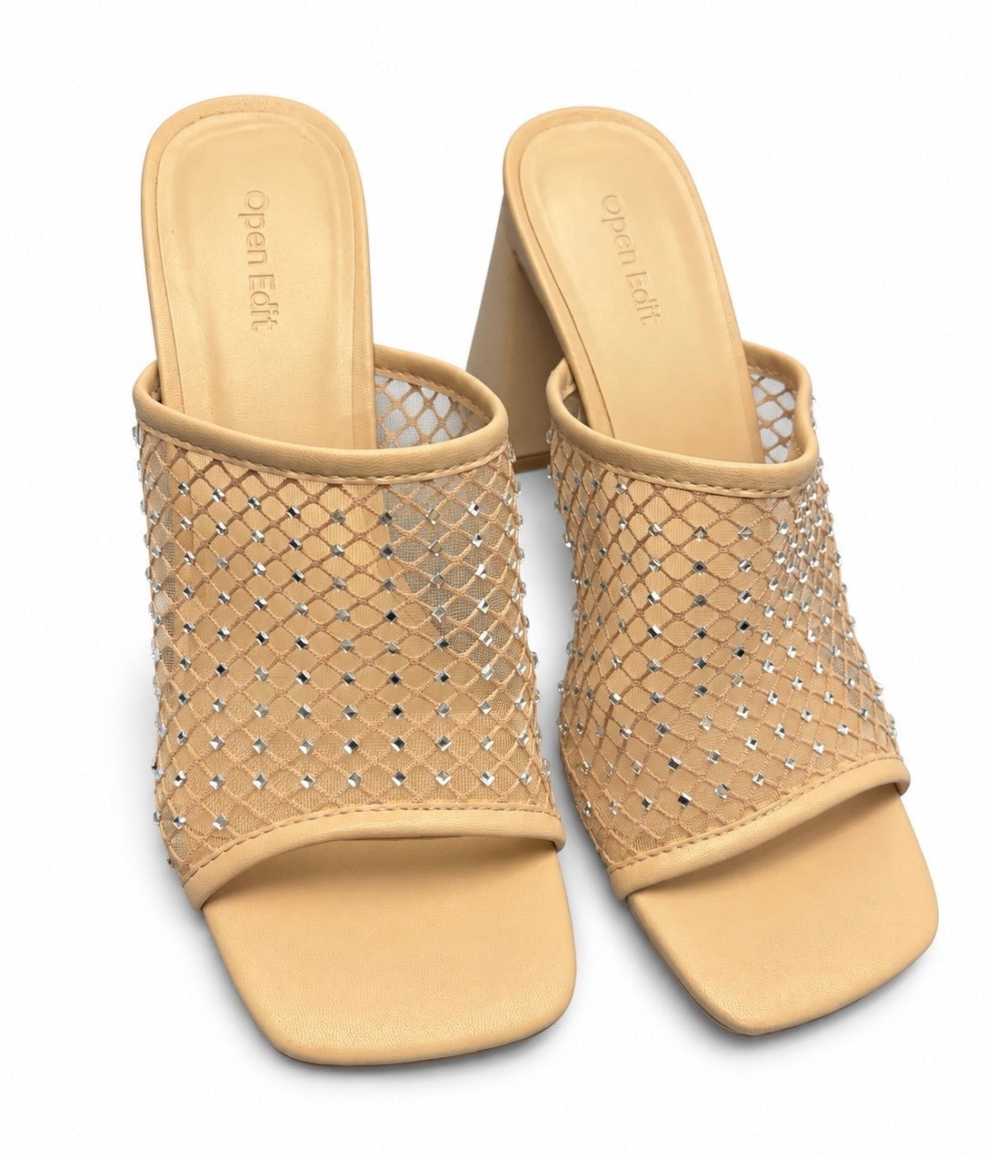 Open Edit Sienna Beige Sparkly Rhinestone Open Toed Block Heel Sandal (W 8.5)