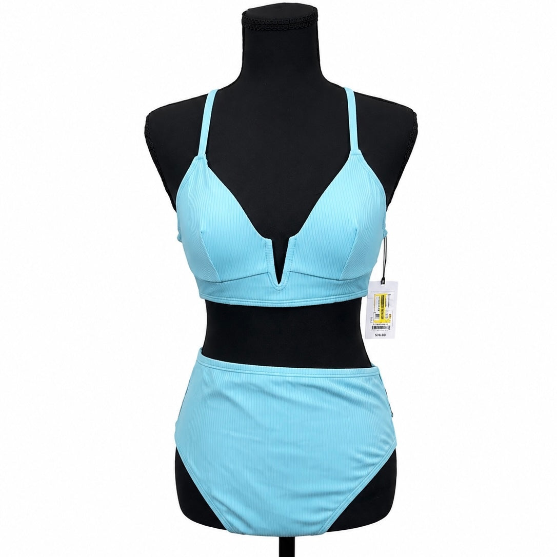Shade & Shore Blue Ribbed Bikini Set (34B Top) (M High Waist Bottom)