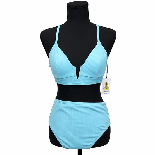 Shade & Shore Blue Ribbed Bikini Set (34B Top) (M High Waist Bottom)