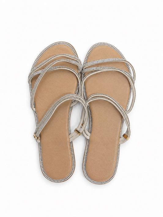 Gold & Neutral Rhinestone Strappy Open Toe Slide Sandals (US Women's 11)