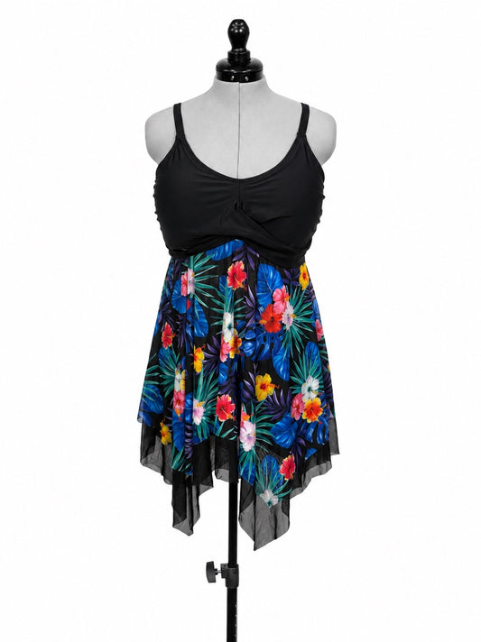 Kate Kasin Black and Floral Swim Dress and Shorts (XL)