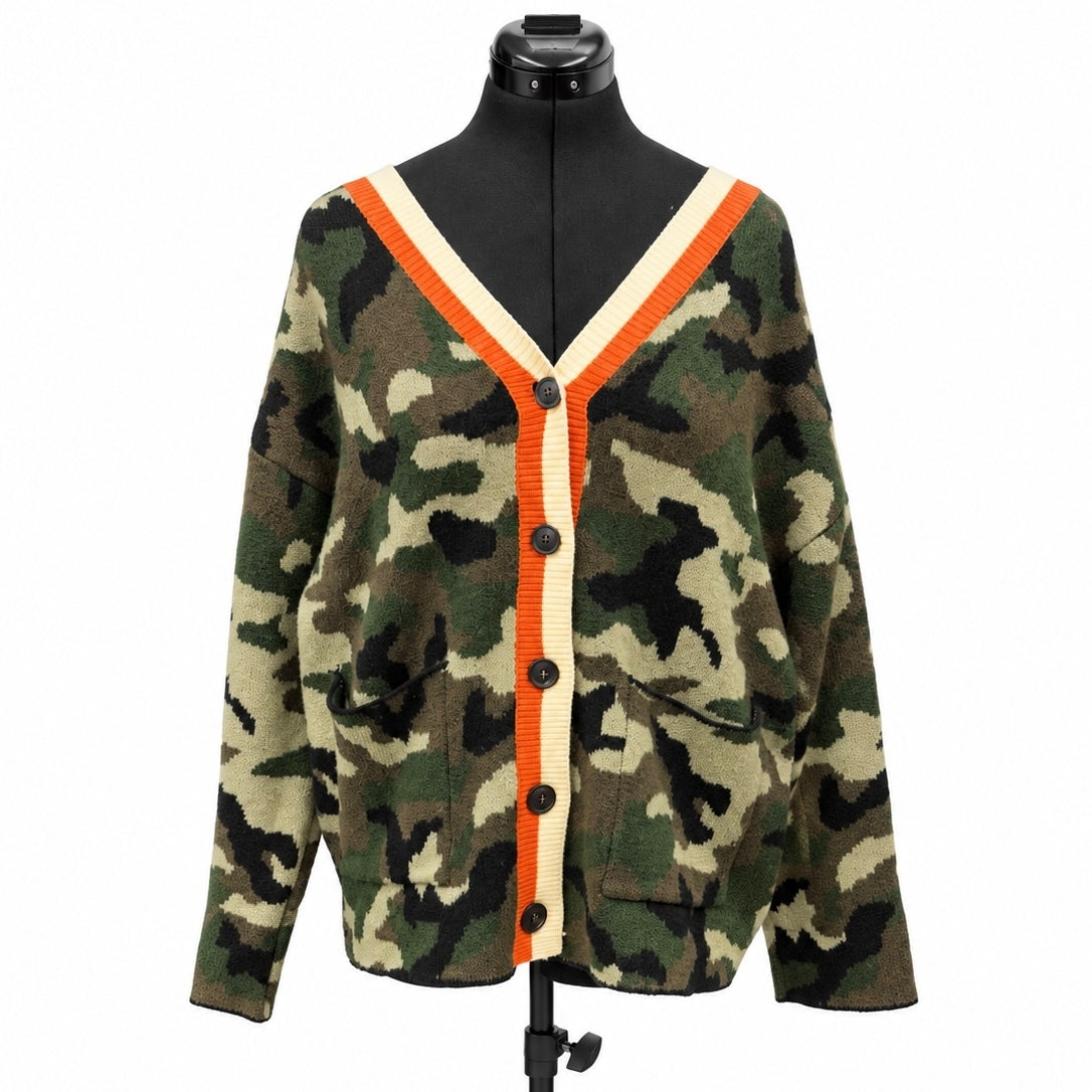 KBB by Kahlana Olive Camo V Neck Button 'The Slouchy Cardigan' (M)