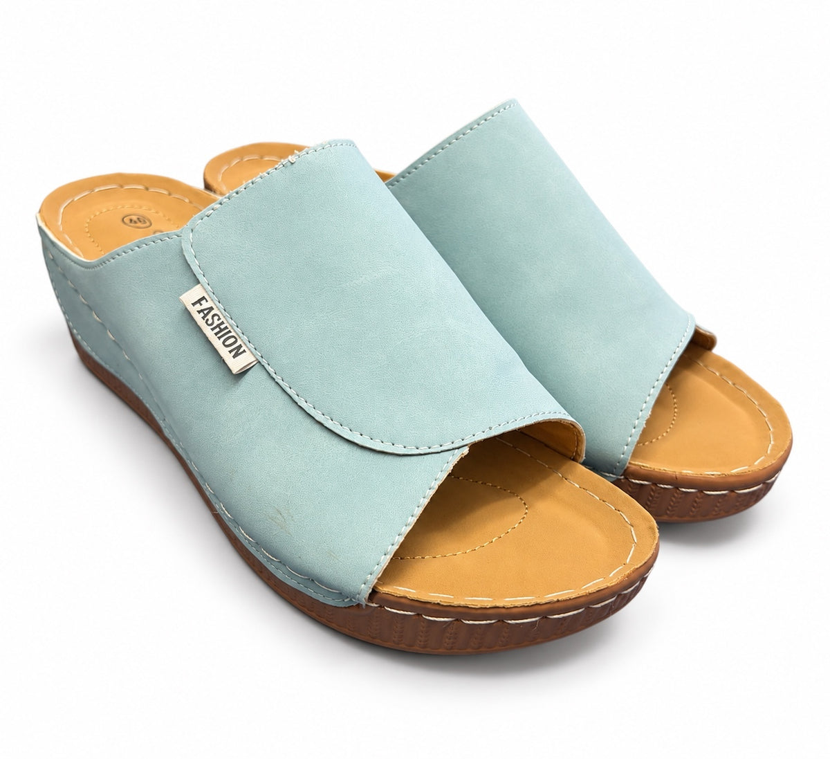 Yuanlong Sky Blue Wide Strap Open Toe Platform Wedge Slide Sandals (W 40)