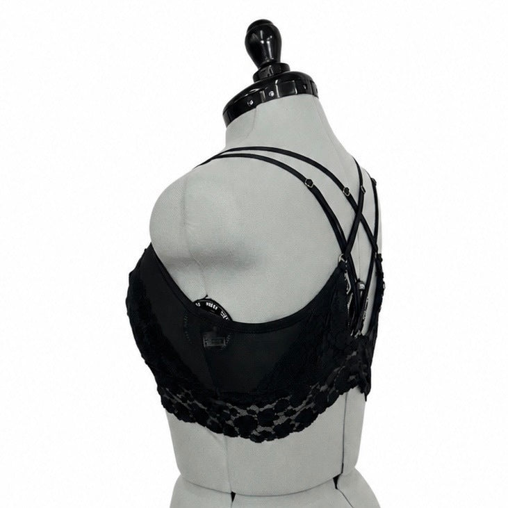 Aerie Black & Gold Longline Strappy Floral Lace Bralette (XL)