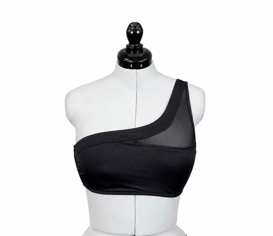 Shade & Shore Black One Shoulder Mesh Swim Top with Removable Pads (M)