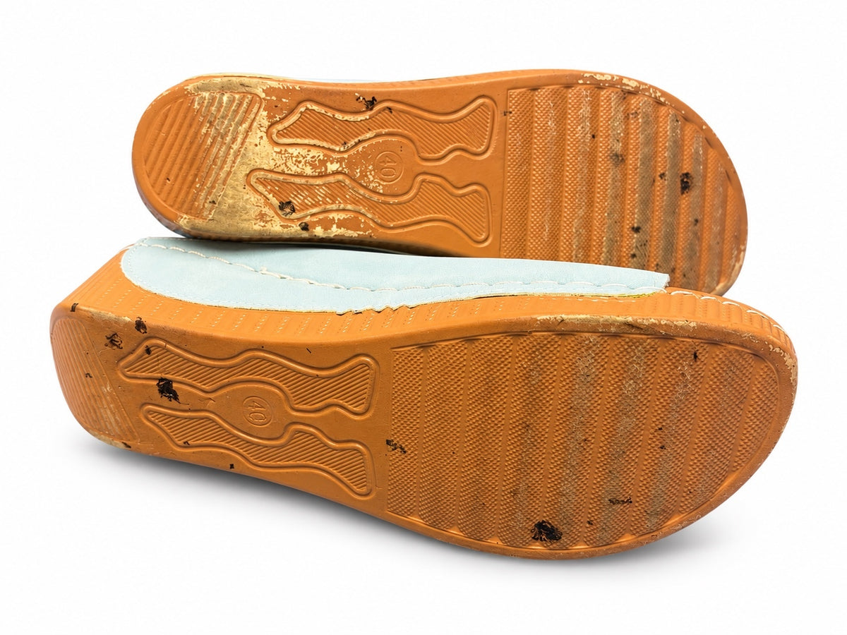 Yuanlong Sky Blue Wide Strap Open Toe Platform Wedge Slide Sandals (W 40)