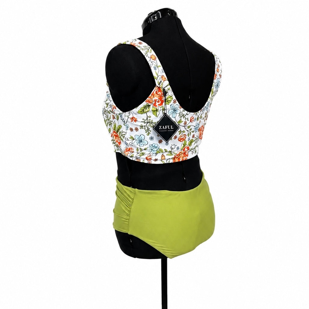 Zaful Multicolor Scoop Neck Tankini & Green High Waisted Swim Bottoms Set (XL)