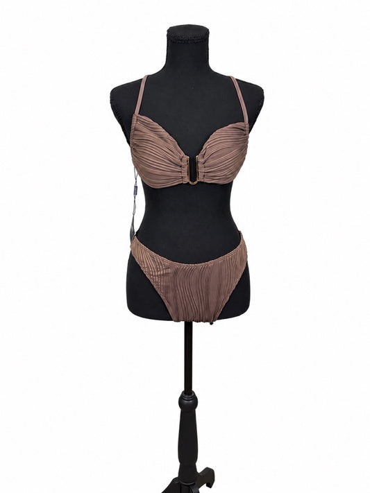 Zaful Coffee Textured U Metal Criss Cross High Waisted Bikini Set (M)