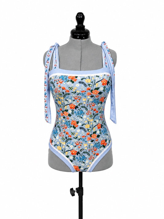 Light Blue Colorful Floral Reversable One Piece Swimsuit (XL)