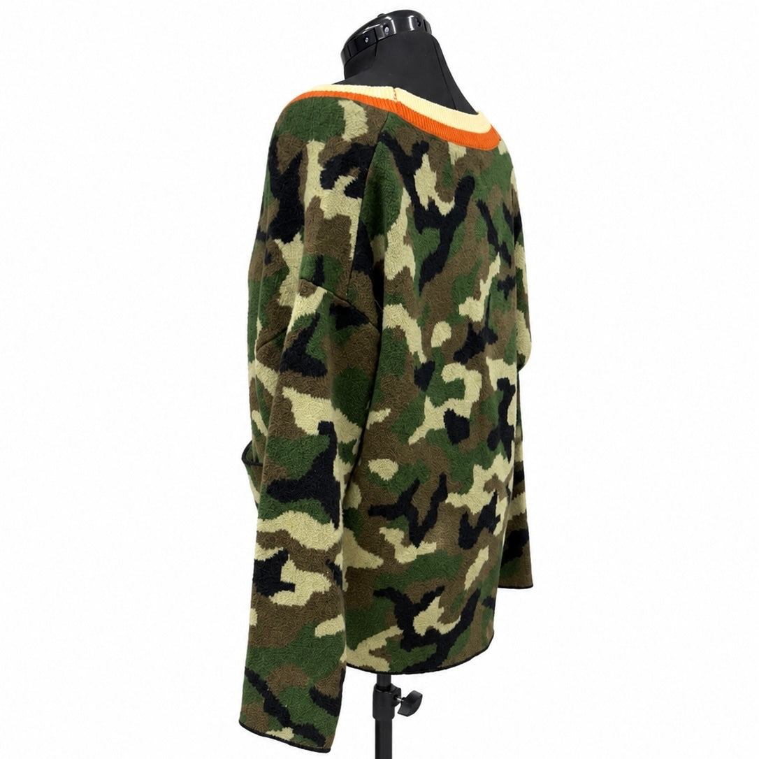 KBB by Kahlana Olive Camo V Neck Button 'The Slouchy Cardigan' (M)