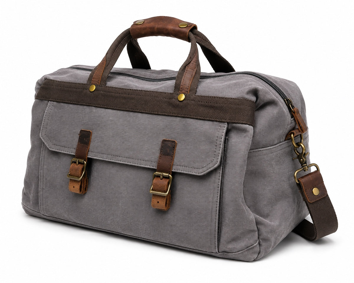 S-Zone Oversized Leather Canvas Duffle/Weekend Bag  (Gray & Brown)