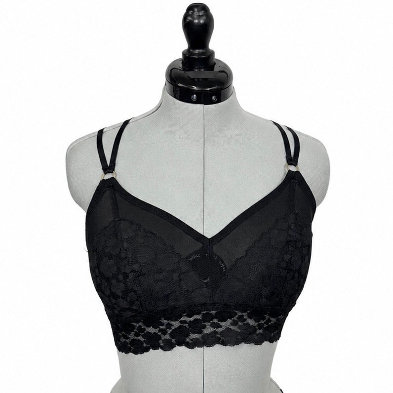 Aerie Black & Gold Longline Strappy Floral Lace Bralette (XL)