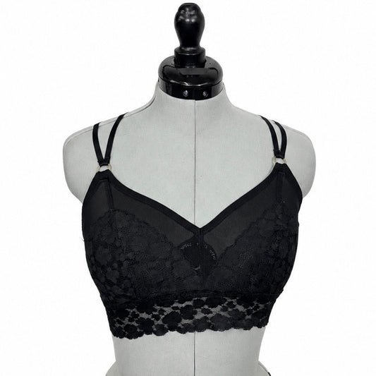 Aerie Black & Gold Longline Strappy Floral Lace Bralette (XL)