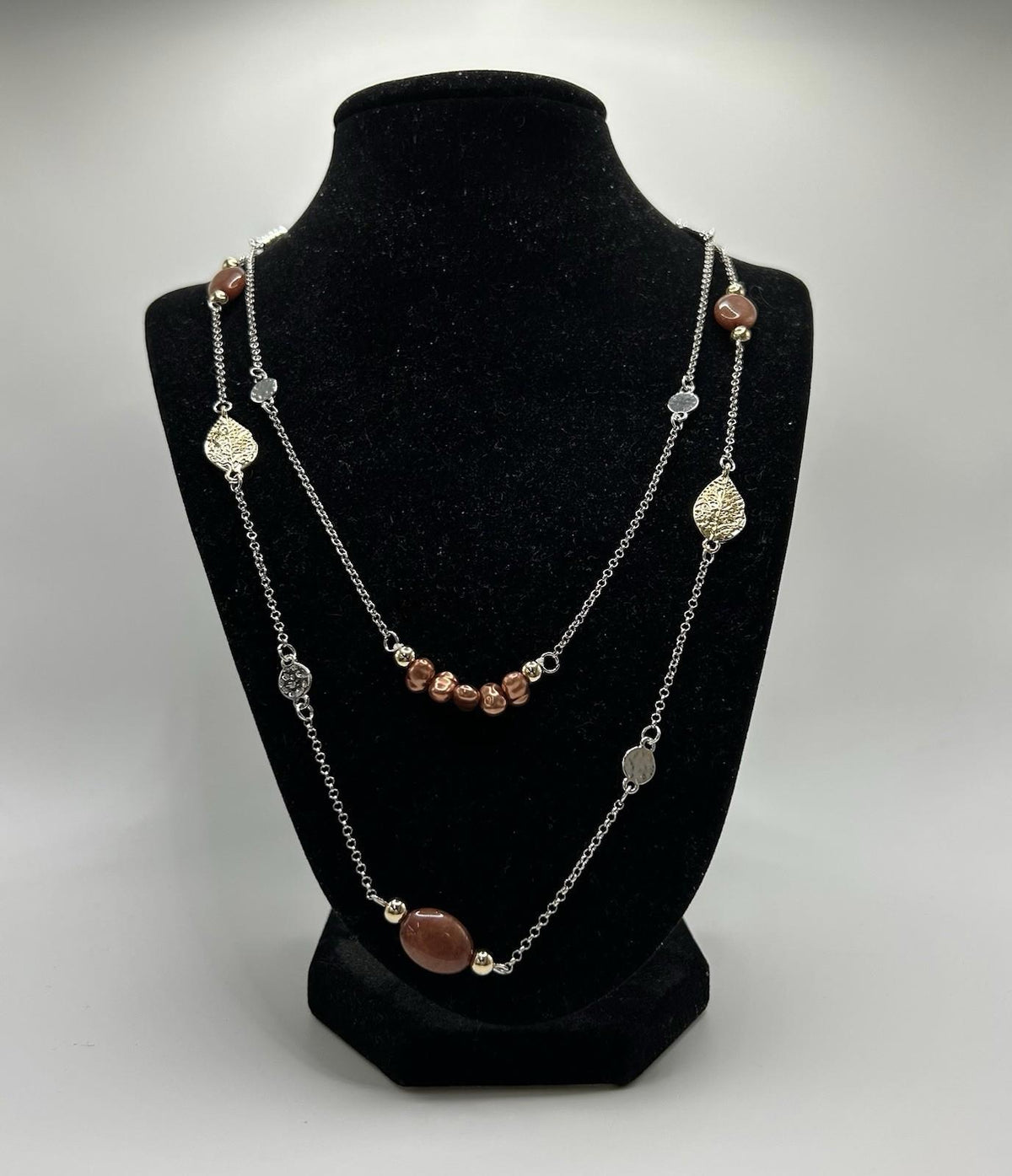 Christopher & Banks Brown, Silver  & Gold Long Mixed Bead Necklace (One Size)