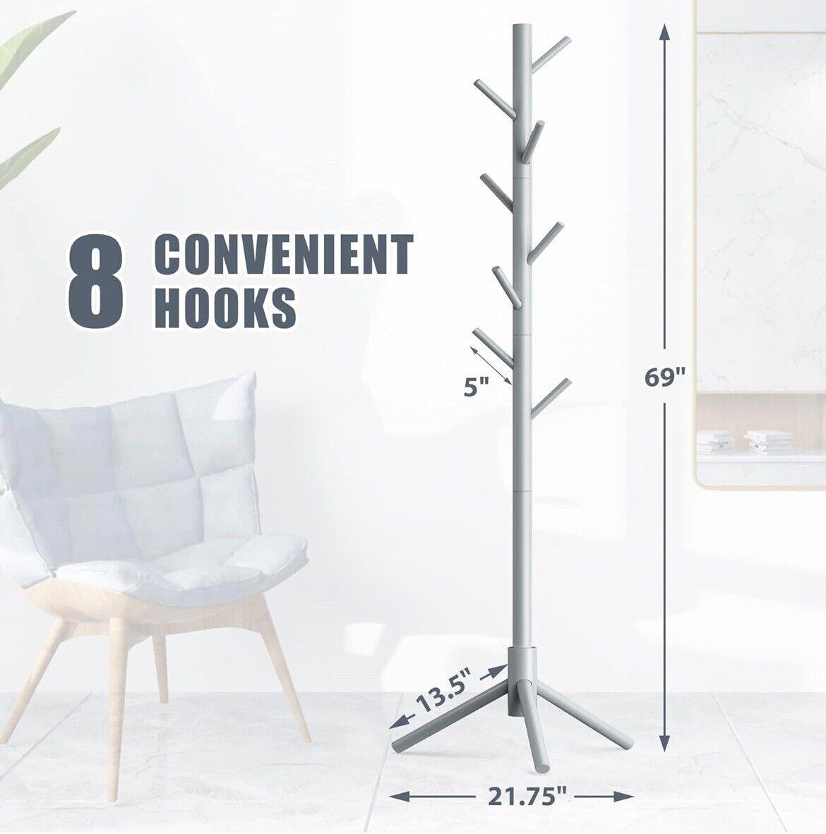 Haddockway Gray Wooden Coat Rack, missing 2 small pegs (6/8 present).