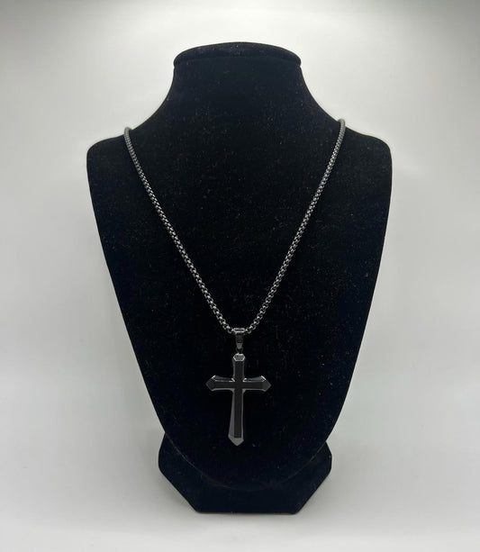 Asisinvicta Jewelry Stainless Steel Cross Pendant w/ Long Chain Black 24