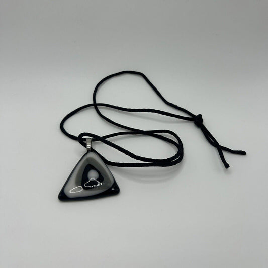 Black, White & Gray Long Necklace w/ Triangular Glass Pendant