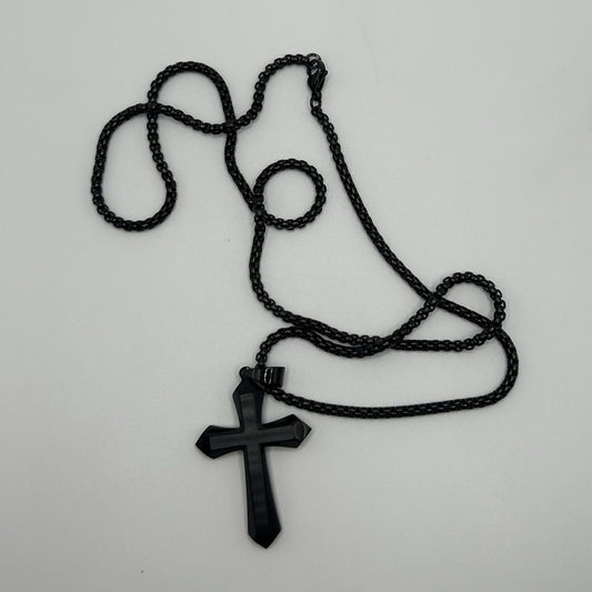 Asisinvicta Jewelry Stainless Steel Cross Pendant w/ Long Chain Black 24