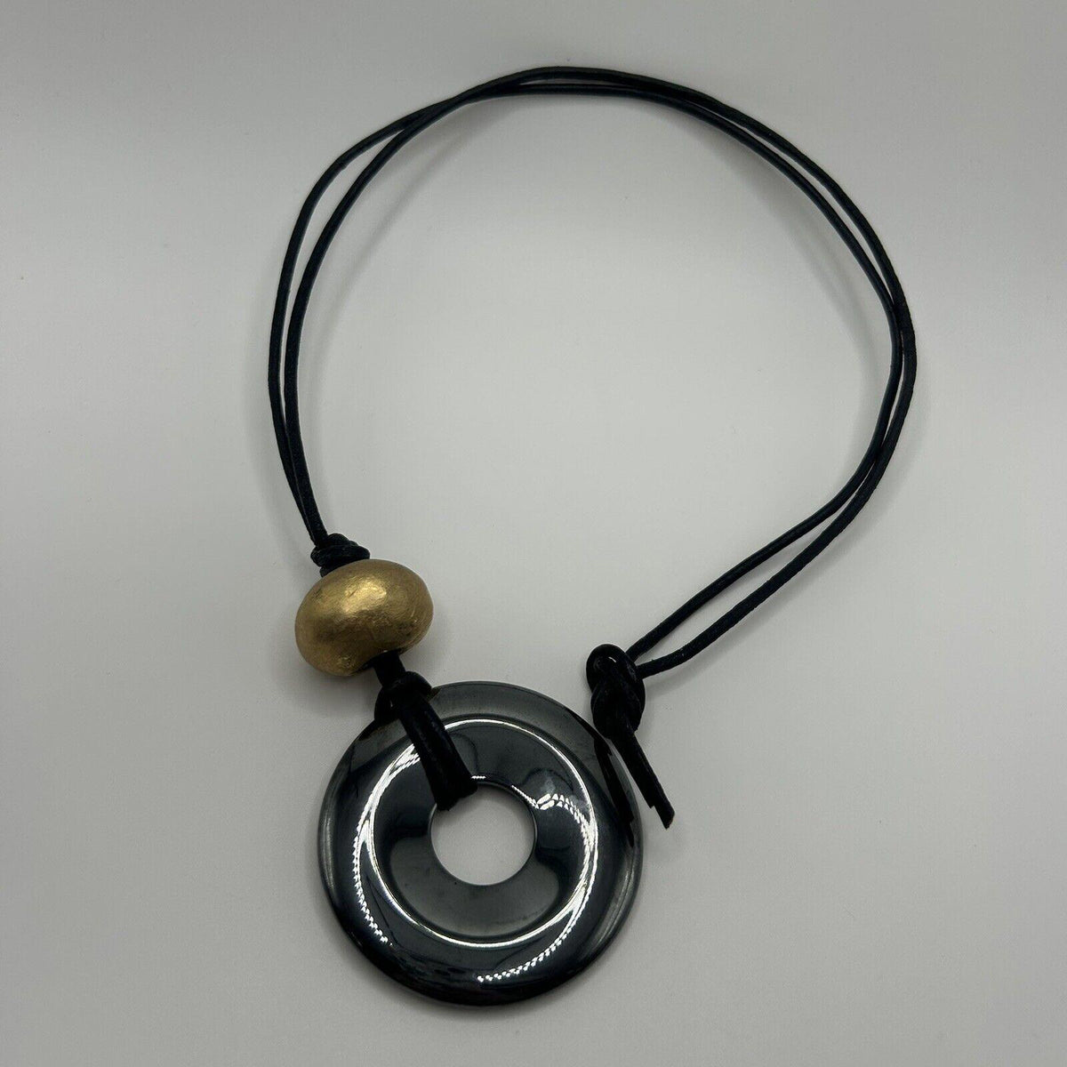 Black, Gold & Silver Long Necklace w/ Round Metal Pendant & Gold Accent Piece