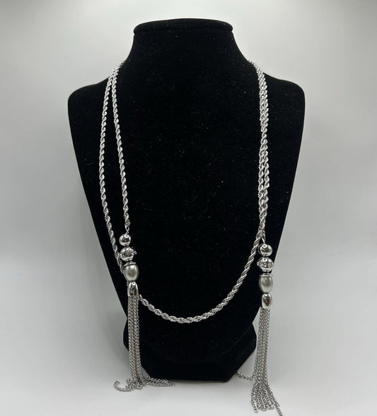 Christopher & Banks Silver Long Knotted, Tassel Necklace