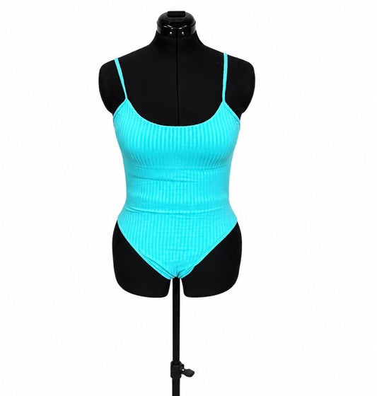 Zaful Light Blue Thin Strap, Open Back Ribbed One Piece Swimsuit (M)